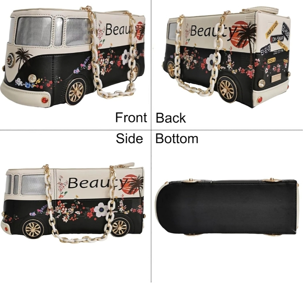 Chic Floral Bus Design Handbag - Black and White - Picture 3 of 5